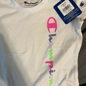 White champion shirt with multicolored logo